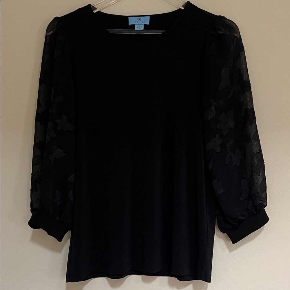 CeCe Lace Sleeve Stretch Crepe Blouse Rich Black XS